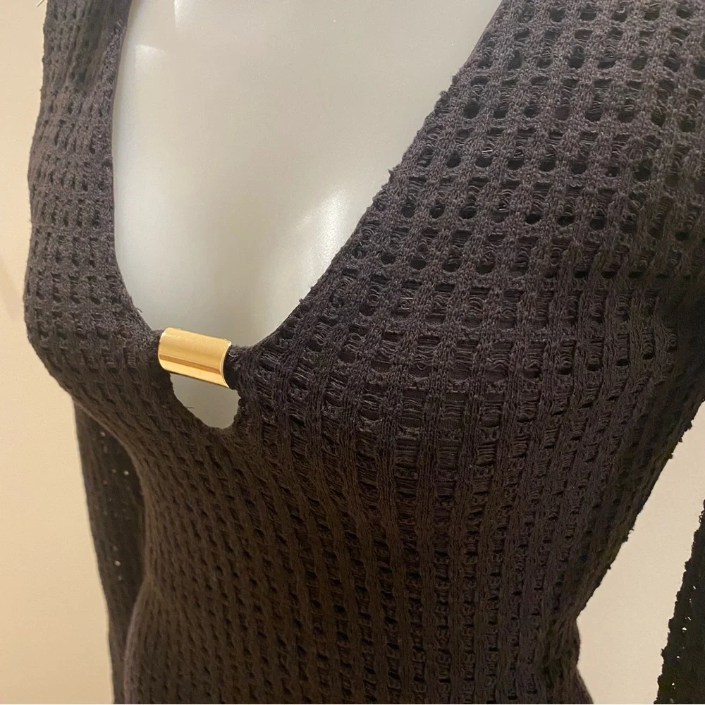 Zara NWT black open weave V-neck midi dress long sleeve gold accents size XS - Picture 6 of 15